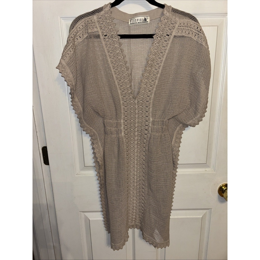 SEASPICE Resort Wear L Crochet Cover-up Beach Bonnie Tunic Tan Peruvian Cotton